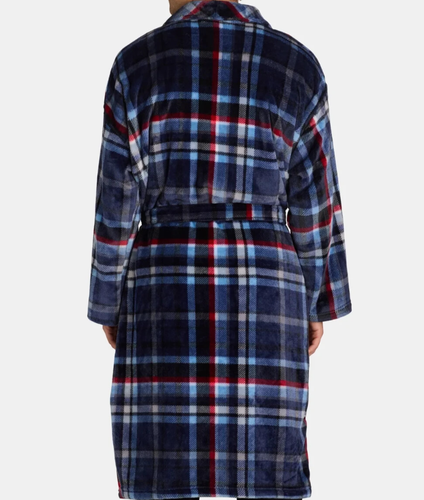 George Men's Robe Bathrobe Blue Plaid One Size Plush Fleece Belt Pockets - Picture 3 of 4
