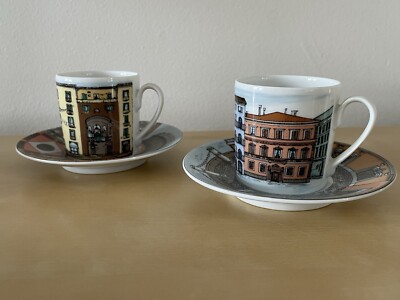 Fornasetti Rosenthal CITTA D'ITALIA Set 2 Espresso Cups Saucers