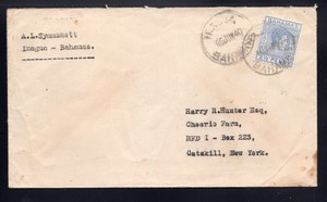 Bahamas 1940 cover from Inagua to NY, franked 2 1/2p, Scott 104