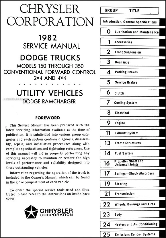 Manuale Di Officina Pickup Dodge 1982 D150 D250 D350 W150 W250 W350 Ramcharger - Immagine 2 di 2
