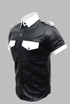 Men's Genuine Leather Police Shirt Biker Schwarz Lederhemd Black Punk Kink Cuir