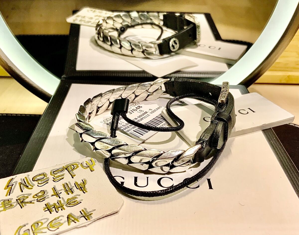 New GUCCI Solid 925 Sterling Silver &Tuscan Leather Bracelet New GUCCI Solid 925 Sterling Silver &Tuscan Leather Bracelet