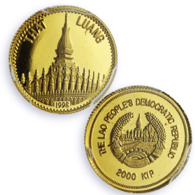 Laos 2000 kip That Luang Monument Buddhism Religion PR69 PCGS gold