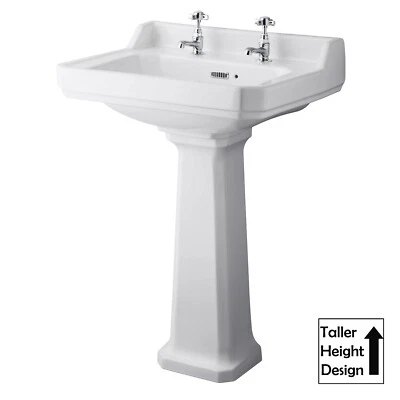 Hudson Reed 600mm Comfort Height Wash Basin & Full Pedestal 2 Tap Hole Ceramic