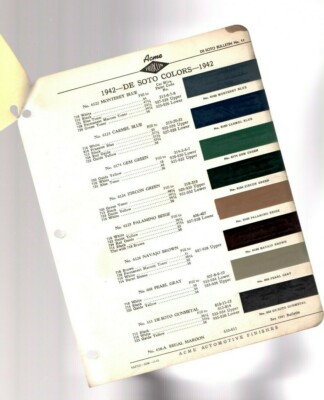 1942 DeSOTO Color Chip Paint Sample Brochure / Chart:  De Soto