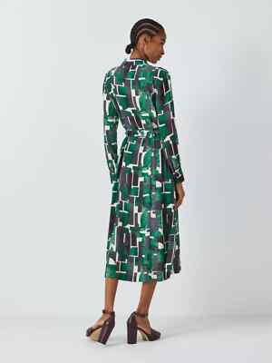 john lewis green dress John Lewis x REJINA PYO Satin Contrast Stitch Detail Volume Sleeve Midi Dress, Olive Green