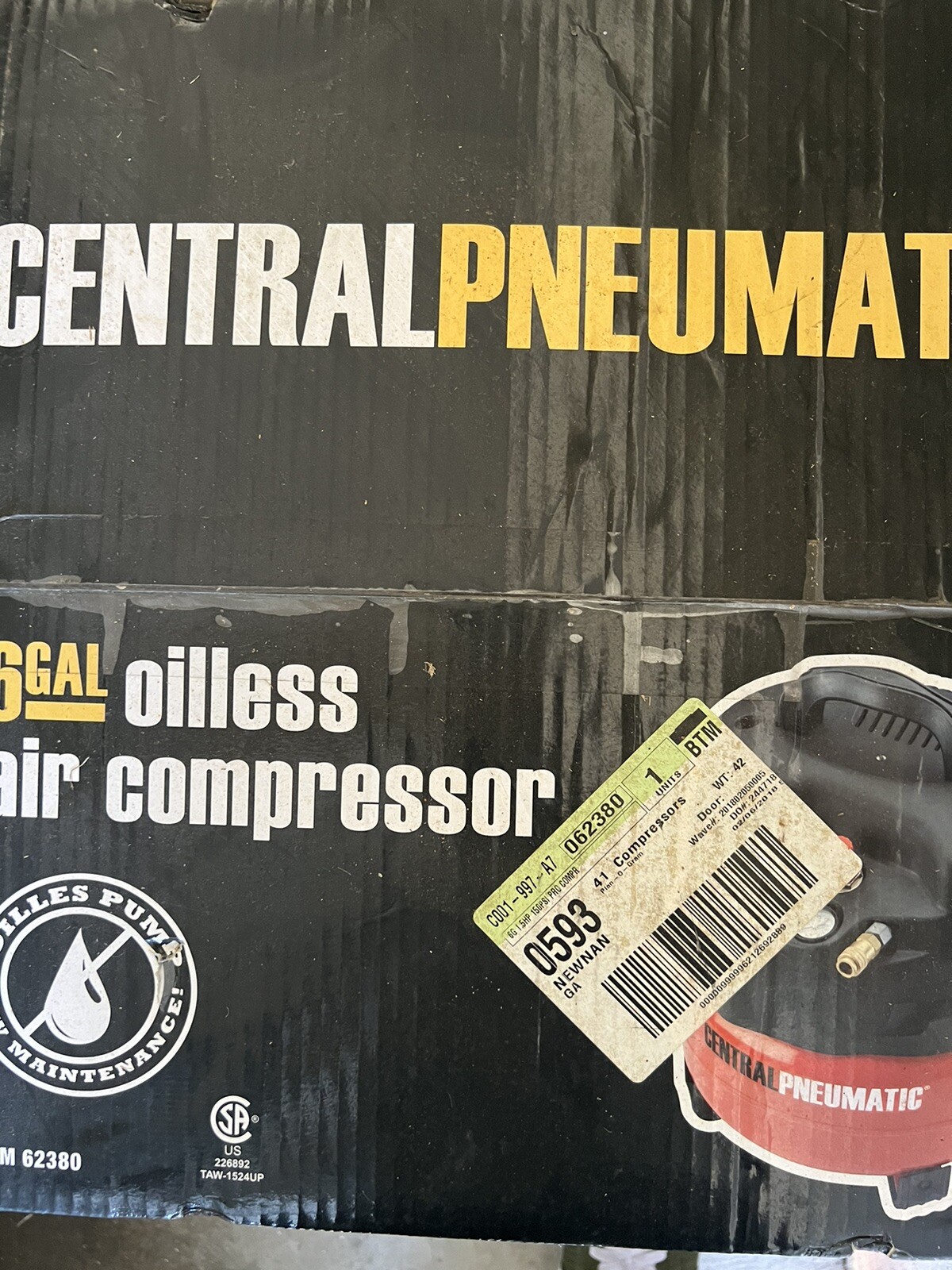Central Pneumatic 6 Gallon Air Compressor 150 max psi 1.5 running HP
