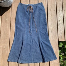 Vintage Blue Boho Lace Up Jean Maxi Skirt