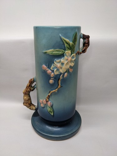 VTG Roseville Pottery Blue APPLE BLOSSOM, Double Branch Handles Vase #387-9 - Picture 2 of 17