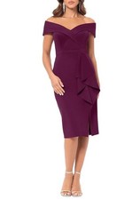 XSCAPE Women's Size 6 Purple Off The Shoulder Waterfall Front Scuba Midi Dress