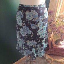 Vintage Dressbarn Navy Floral Ruffle Midi Skirt w/ Elastic Waistband Size L