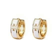Tory Burch Logo Enamel Hoop Earrings Gold White Huggie Earrings Luxury NWOT