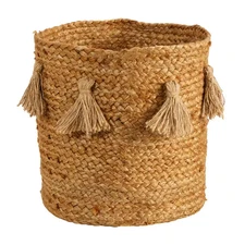12.5 In. Natural Beige Jute Boho Chic Hand-Woven Basket Planter with Tassels