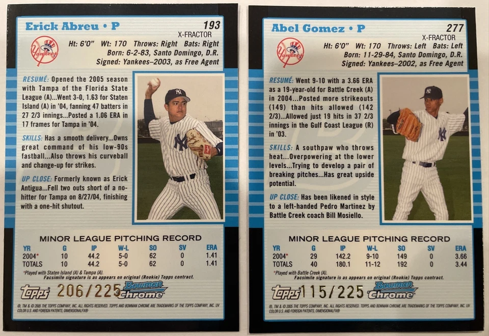 2005 Bowman Chrome 1st Rookie Xfractor NY Yankees, Erick Abreu + Abel Gomez /225 - Image 2 of 2