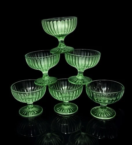 Set of 6 Hocking Ribbed Optic Rib Sherbet Uranium Depression Glass Strong Glow