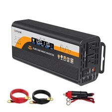 500W Pure Sine Wave Inverter (1000W Peak), 12V/24V Auto-Detect, Black-500W