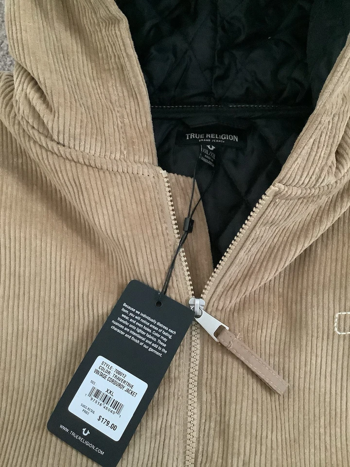 Chaqueta True Religion Estilo Vintage Hombre XXL Travertino Pana Tostado Nueva Con Etiquetas Acolchada Foto 3 de 4