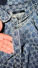 Gucci Men’s L Blue Denim GG Logo Pattern Long Sleeve Button-Up Point Collar