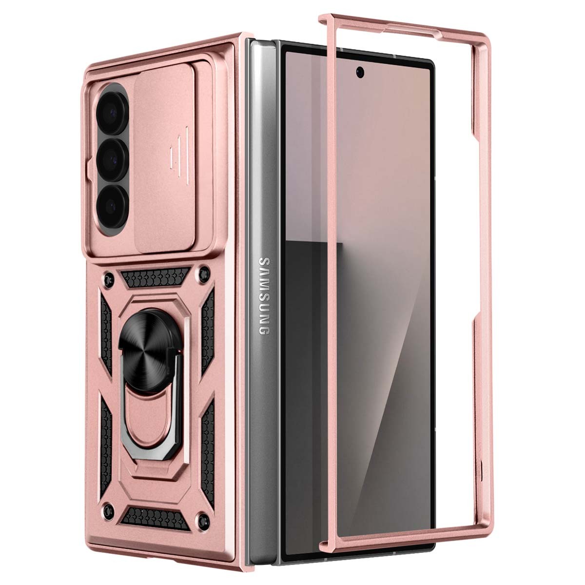 Coque Galaxy Z Fold 7 avec protection caméra et anneau rotatif rose