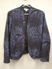 Coldwater Creek Womens Blue on Black Paisley Jacket Blazer Open Lined Textured S