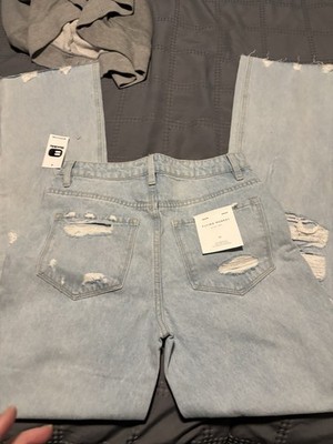 Flying Monkey Women's Distressed Light Blue Denim Jeans 5-Pocket Zip Button