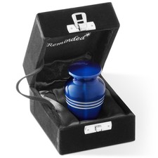 Small Keepsake Cremation Urn for Human Ashes, Blue Silver Striped Velvet Case