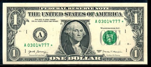ONE DOLLAR 2017 Note Serial number A 03014777 * By Collectors