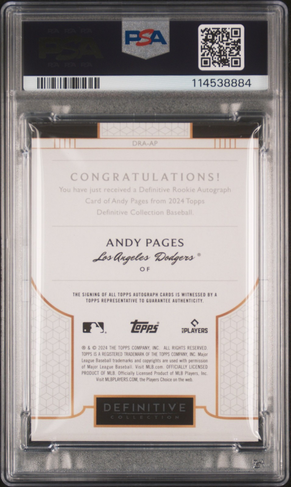 2024 TOPPS DEFINITIVE COLLECTION ROOKIE AUTO GREEN ANDY PAGES RC /25 PSA 8 view 2