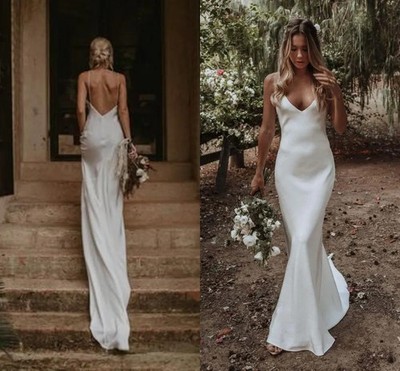 Sexy Simple Beach Mermaid Wedding Dress Spaghetti Straps Backless Full Length