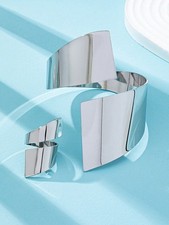 Silver Geometric Cuff Bracelet And Ring Set One Size