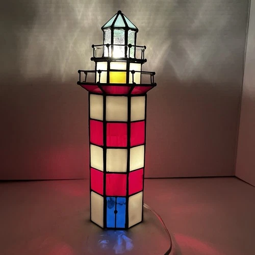 Vintage Stain Glass Light House Lamp, Blinking beacon, Tiffany Style