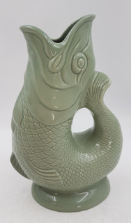Vintage Gluggle Jug The Original Fish Shape In Sage Green Large Size 28cm Height