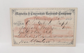 Near Mint 1857 Marietta & Cincinnati RR Company Passenger Ticket! A Beauty!!!