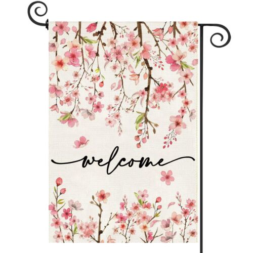 Spring Summer Welcome Garden Flag 12.5 x 18 Inch Double Sided Burlap Pink Flo...