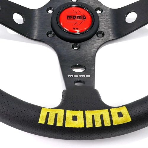 MOMO 14'' Black Deep Dish PinholeLeather Racing Drift Sport Steering Wheel 340mm - Picture 2 of 3