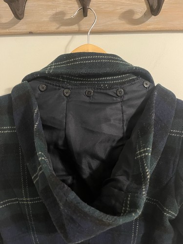 American Eagle Pea Coat Wool Blend Removable Hood Navy Blue Green Plaid Medium - Picture 9 of 9