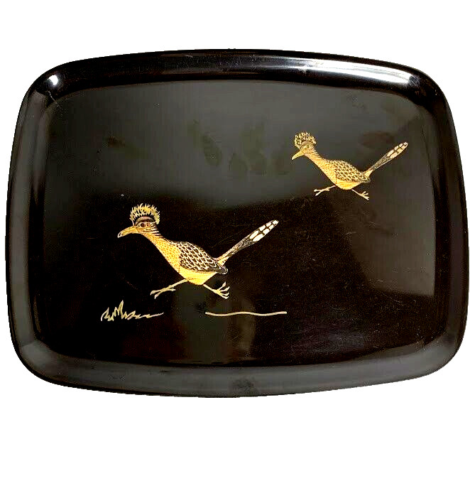 Couroc Roadrunners Satin Black Serving Tray 12.5x 9.5 Inlaid  Vintage