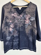CJ Banks 3/4 Sleeve Paris Graphic Rose Embellished Top Made in USA Plus Size 1X
