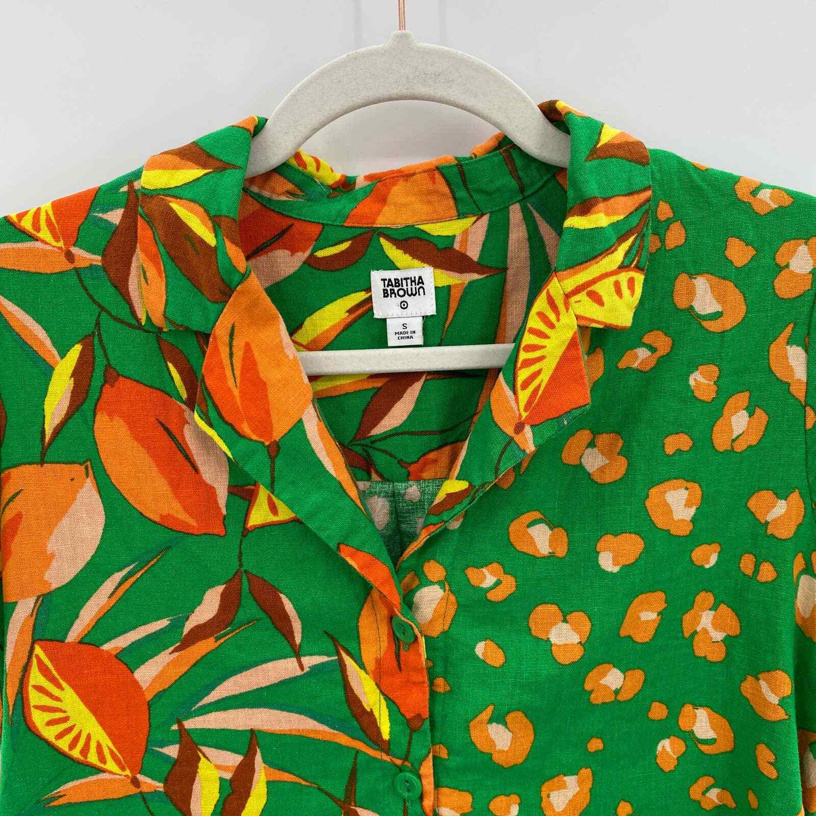 Tabitha Brown Target Button Front Shirt Womens Small Green Orange Floral Retro