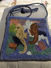 Vintage Seed Bead Purse Tan,Brown Navy Blue Beads W/ Navy Blue Satin On Back