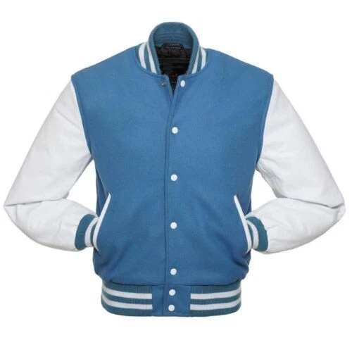 Varsity Sky Blue Letterman Baseball Wool Body & White Leather Sleeves Jacket