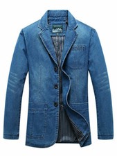 UK Mens Casual Blazer Denim Jeans Jacket Long Sleeve Slim Fit Suit Coat XL
