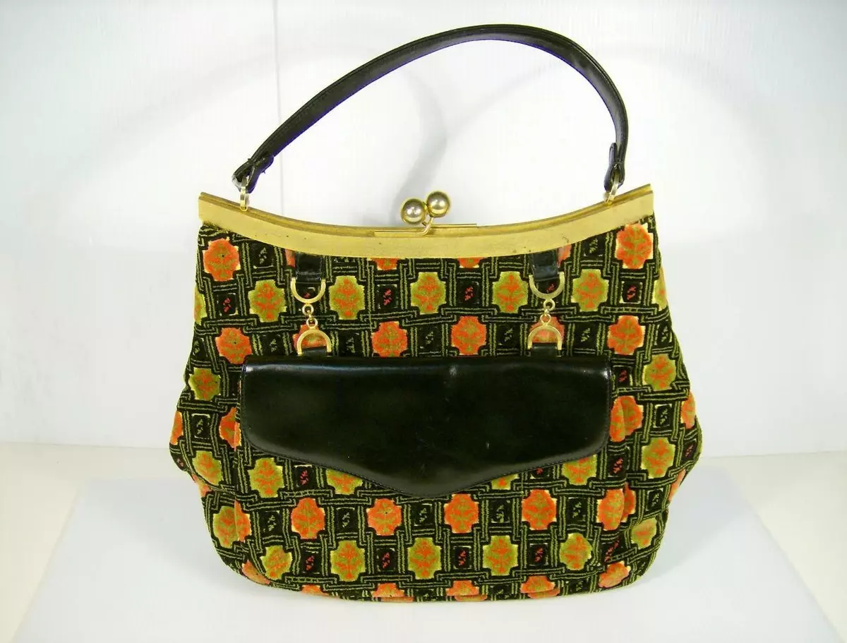Vintage Large KORET Velvet Carpet Kiss Lock Handbag Bag w Change Purse