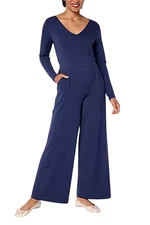 AnyBody Women's Cozy Knit Long-Sleeve V-Neck Jumpsuit Navy