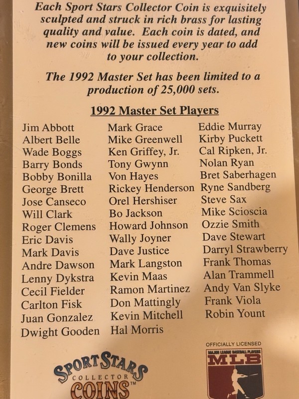 1992 Sport Stars MLB Baseball Collector Coin Master Set Brass Player Collection