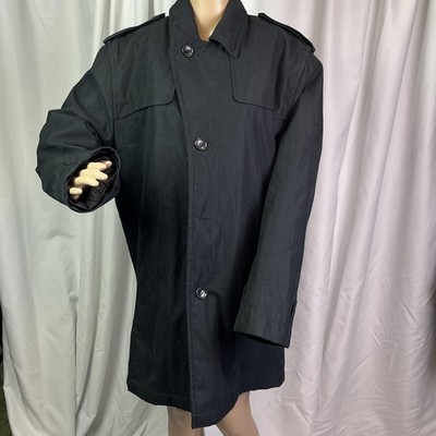 London Fog Coat Mens Medium Black Quilted Lined Zip Rain Trench Mid Length