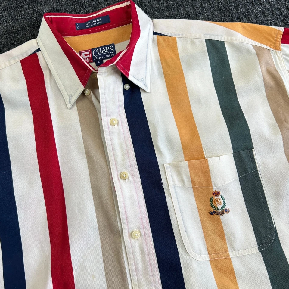 Vintage 90s y2k Chaps Ralph Lauren Short Sleeve Button Shirt L Colorful Striped - Image 3 of 4