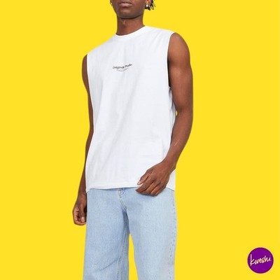 JACK & JONES Herren T-Shirt Jorvester ärmellos, 3D-Druck, hellweiß, UK XXL