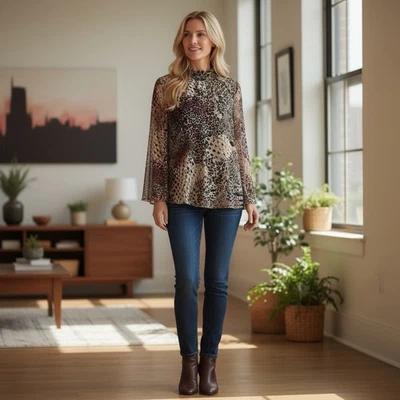 Chico’s High Neck Animal Print Mesh Blouse Size 8 / Medium Mob Wife - Image 1 of 4