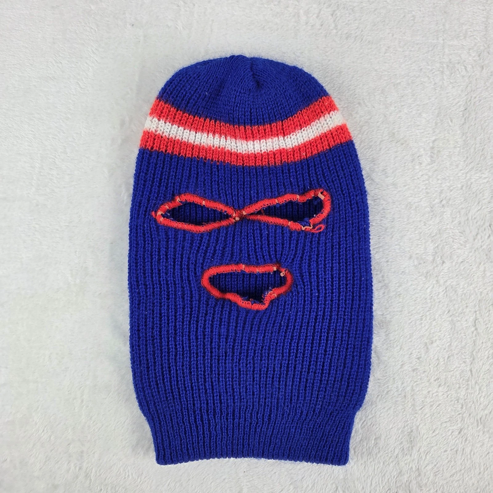 Vintage 1970s Knit Ski Mask Balaclava Robber Blue Red White One Size